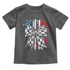 Patriotic Coquette Bow Checkered Flag Race Car Racing Toddler T Shirt TS14 Dark Heather Print Your Wear