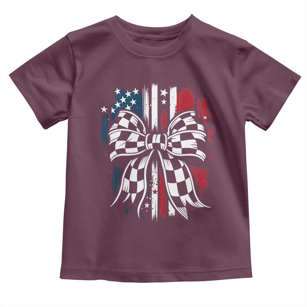 Patriotic Coquette Bow Checkered Flag Race Car Racing Toddler T Shirt TS14 Maroon Print Your Wear