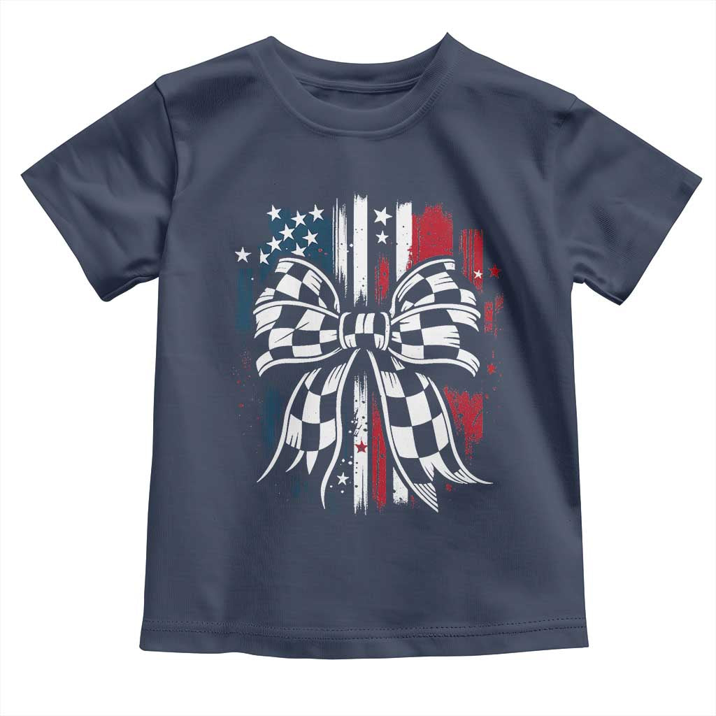 Patriotic Coquette Bow Checkered Flag Race Car Racing Toddler T Shirt TS14 Navy Print Your Wear