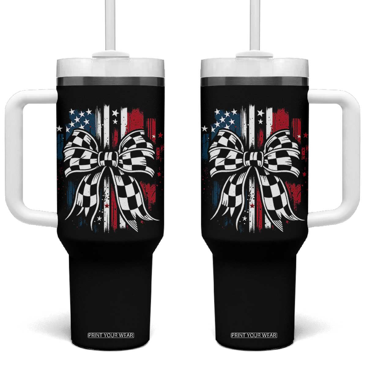 Patriotic Coquette Bow Checkered Flag Race Car Racing Tumbler With Handle TS14 One Size: 40 oz Black Print Your Wear