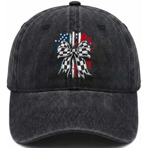 Patriotic Coquette Bow Checkered Flag Race Car Racing Washed Cotton Baseball Cap TS14 Washed Cap Universal Fit Black Print Your Wear