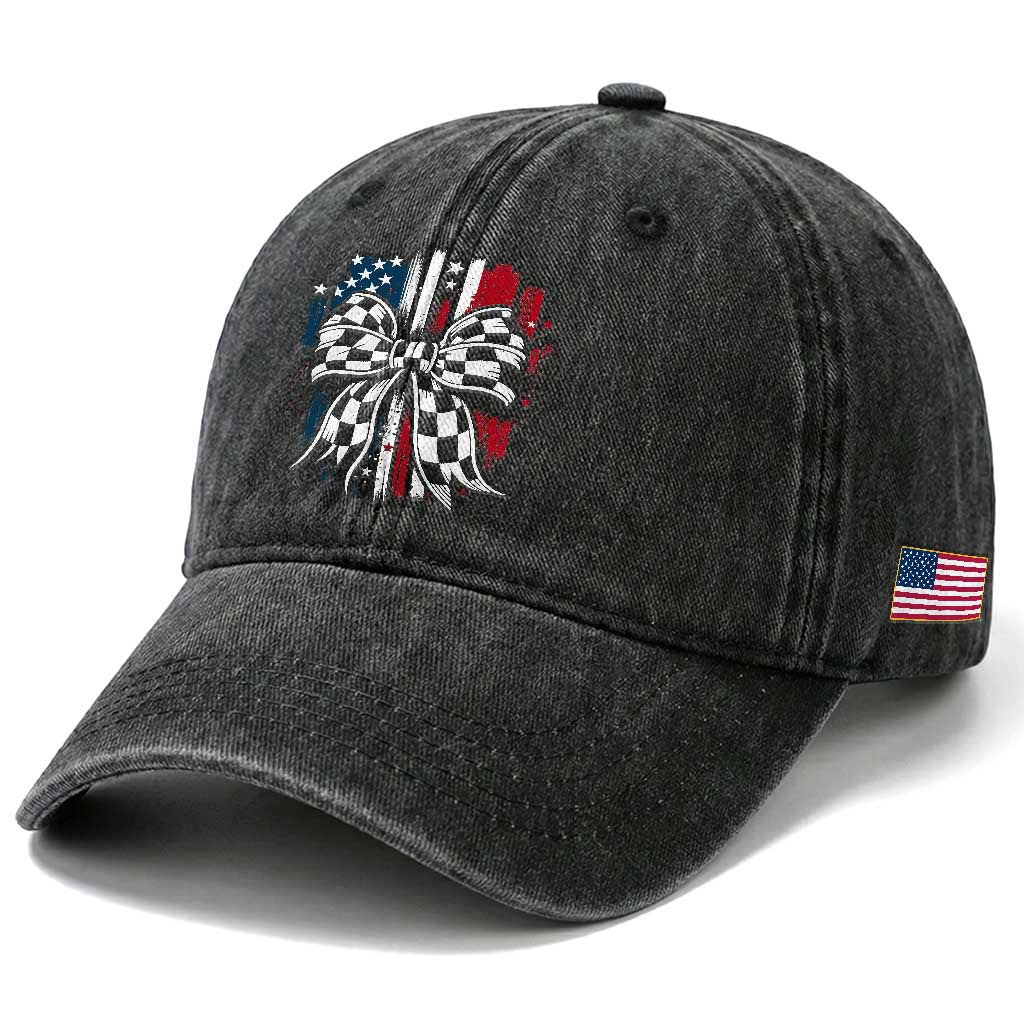 Patriotic Coquette Bow Checkered Flag Race Car Racing Washed Cotton Baseball Cap TS14 Print Your Wear