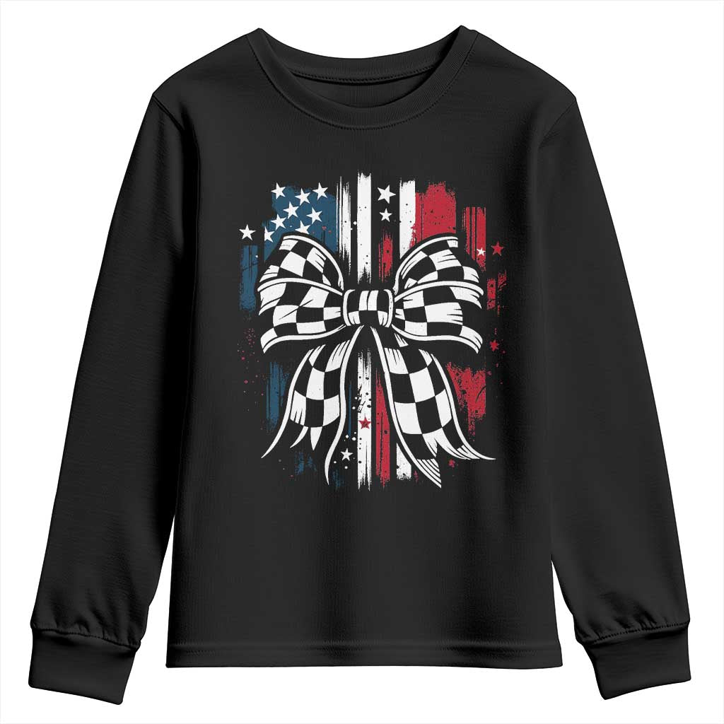 Patriotic Coquette Bow Checkered Flag Race Car Racing Youth Sweatshirt TS14 Black Print Your Wear