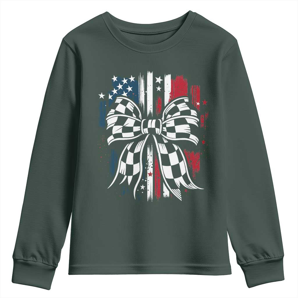Patriotic Coquette Bow Checkered Flag Race Car Racing Youth Sweatshirt TS14 Dark Forest Green Print Your Wear