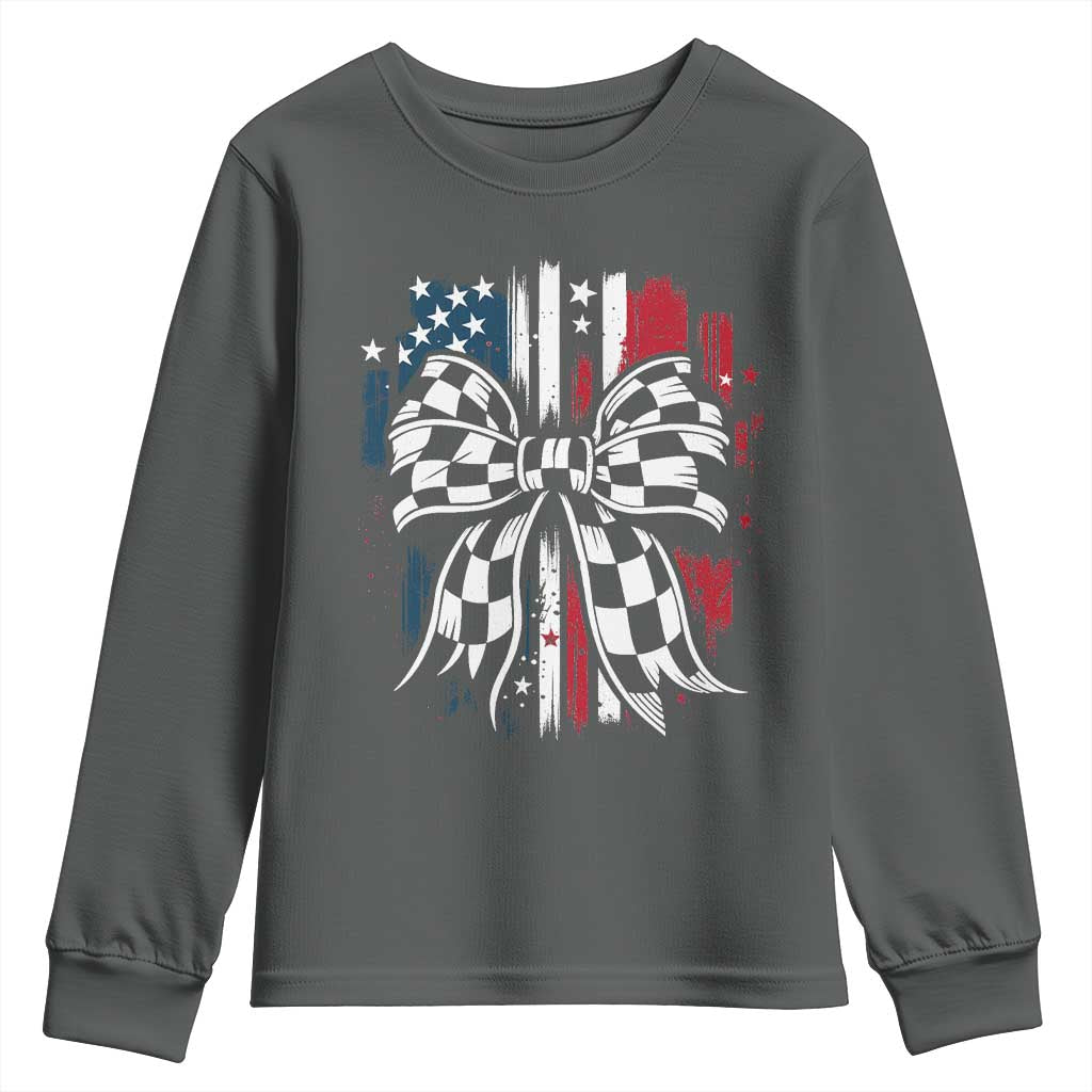 Patriotic Coquette Bow Checkered Flag Race Car Racing Youth Sweatshirt TS14 Dark Heather Print Your Wear