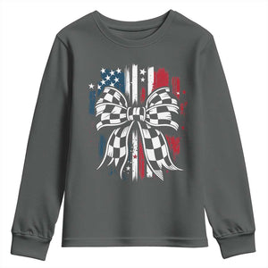 Patriotic Coquette Bow Checkered Flag Race Car Racing Youth Sweatshirt TS14 Dark Heather Print Your Wear