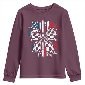 Patriotic Coquette Bow Checkered Flag Race Car Racing Youth Sweatshirt TS14 Maroon Print Your Wear