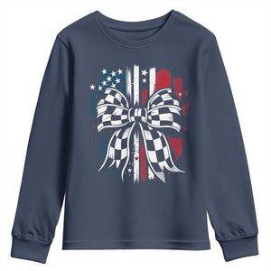 Patriotic Coquette Bow Checkered Flag Race Car Racing Youth Sweatshirt TS14 Navy Print Your Wear