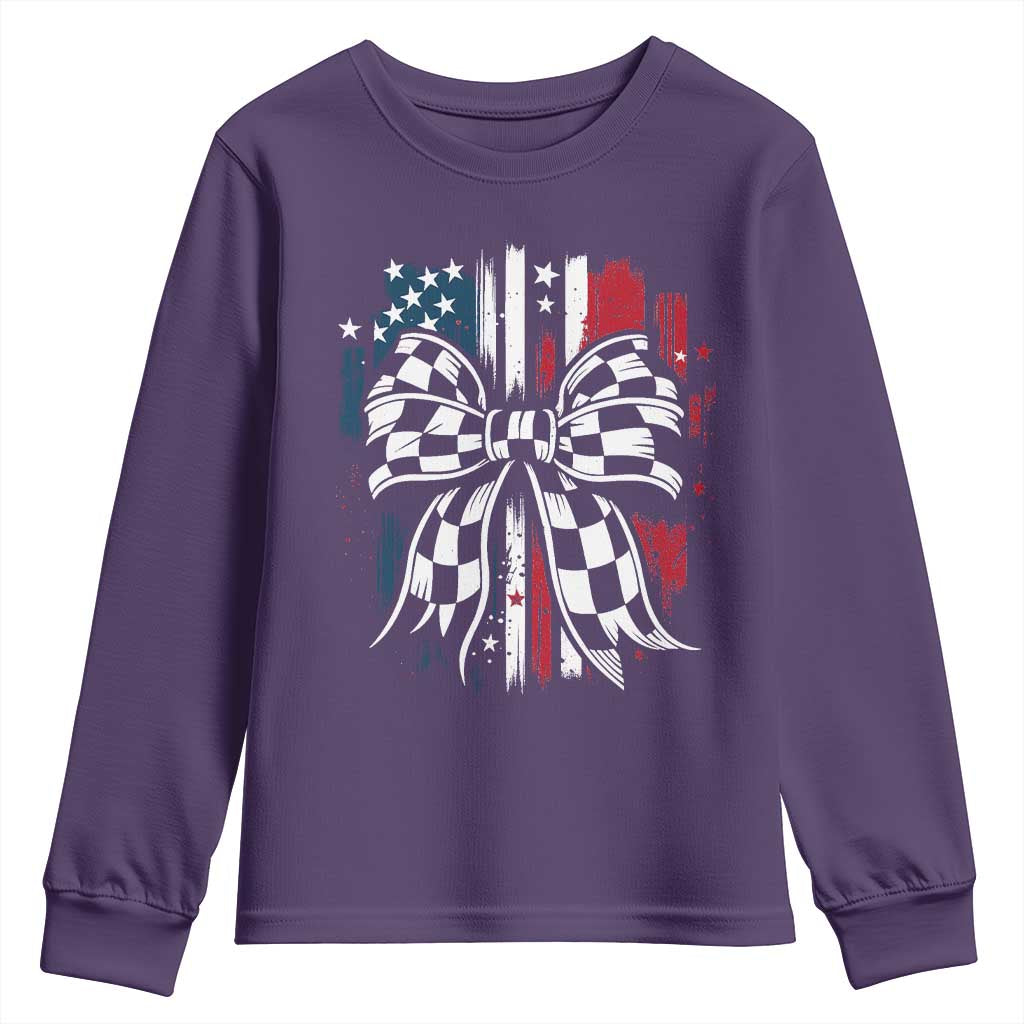 Patriotic Coquette Bow Checkered Flag Race Car Racing Youth Sweatshirt TS14 Purple Print Your Wear