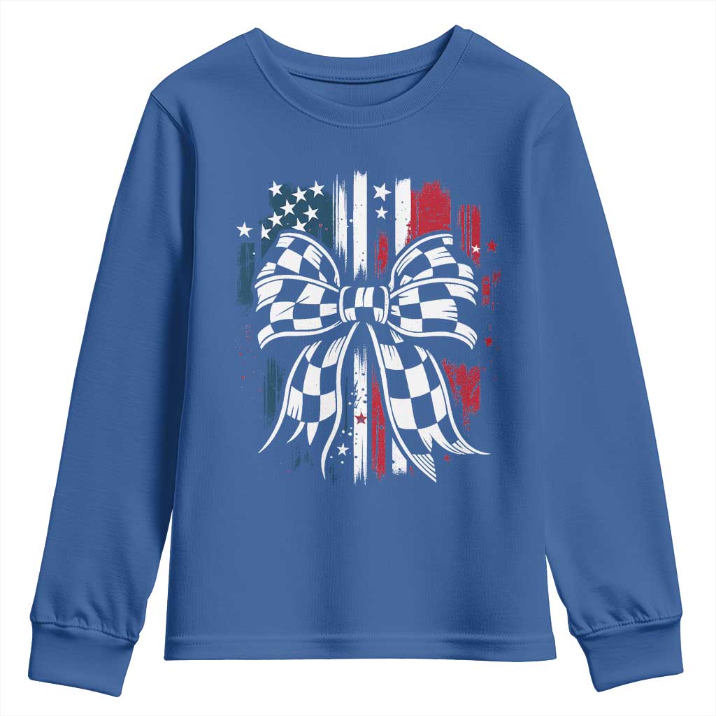 Patriotic Coquette Bow Checkered Flag Race Car Racing Youth Sweatshirt TS14 Royal Blue Print Your Wear