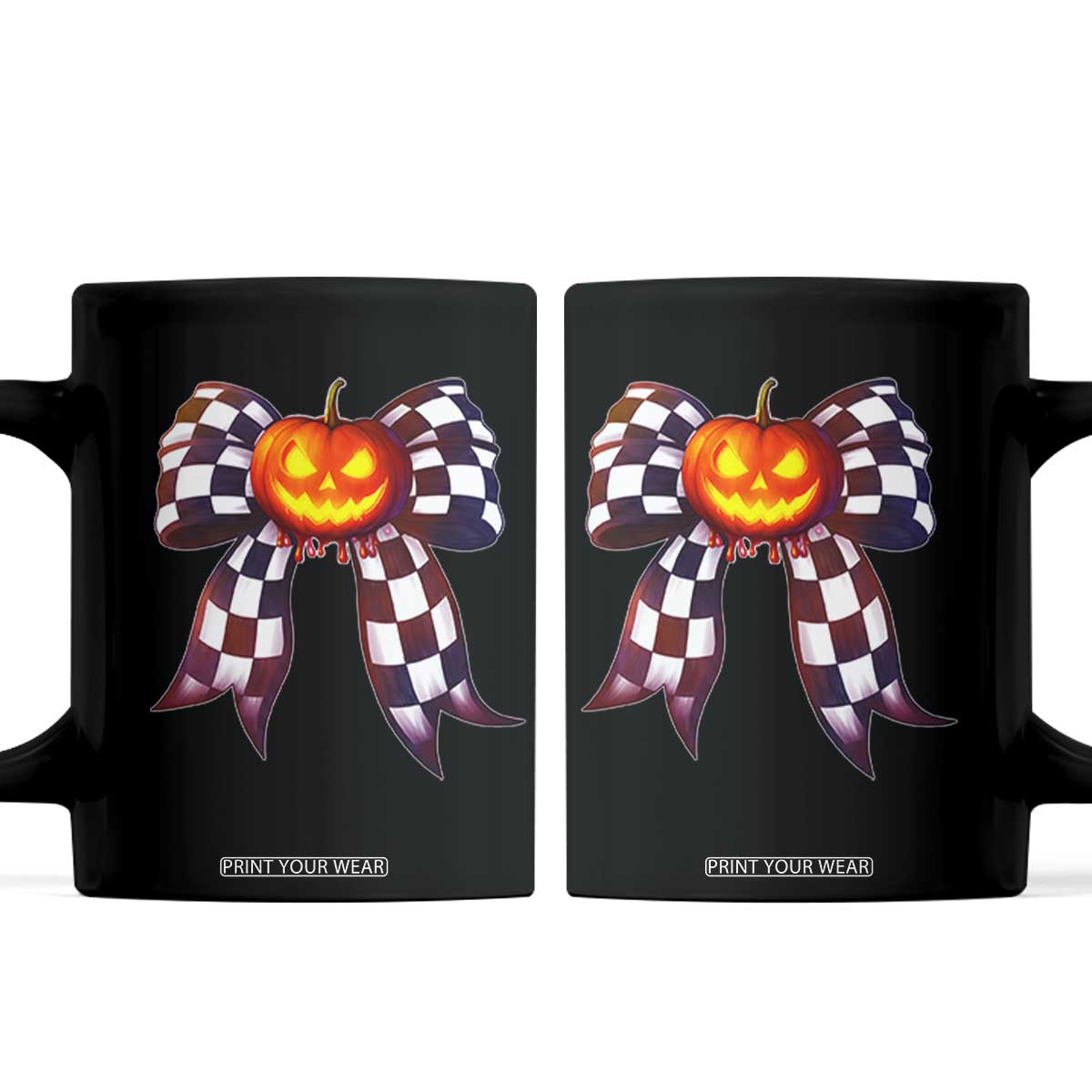 Race Car Halloween Coffee Mug Pumpkin Checkered Coquette Bow TS14 Black Print Your Wear