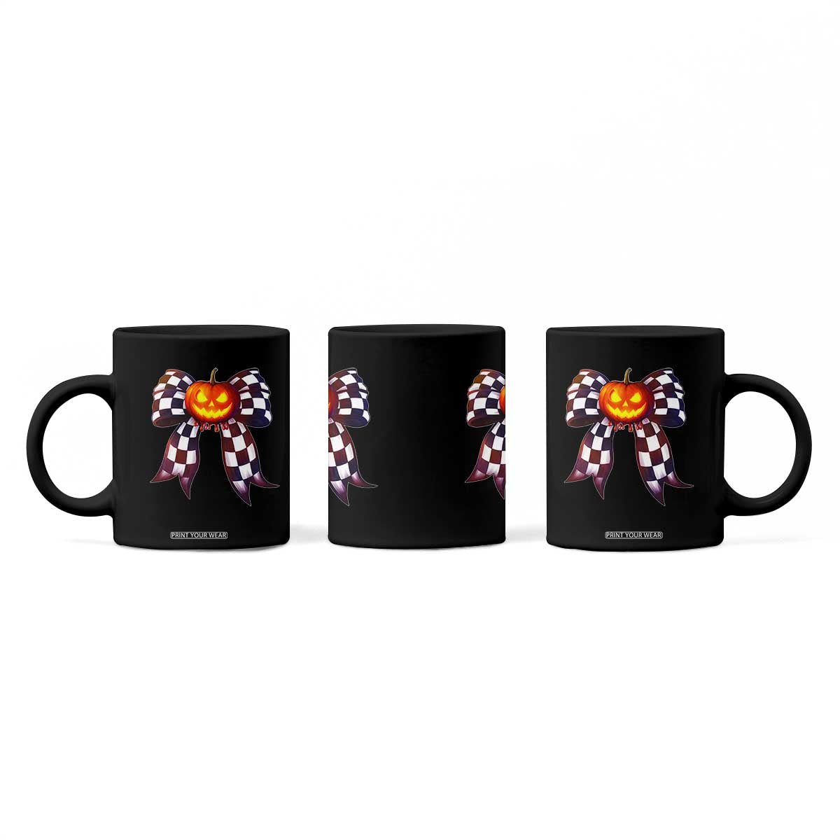 Race Car Halloween Coffee Mug Pumpkin Checkered Coquette Bow TS14 Print Your Wear