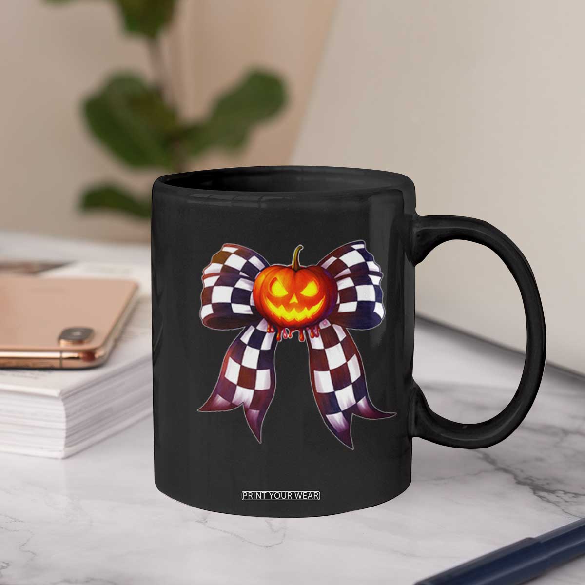 Race Car Halloween Coffee Mug Pumpkin Checkered Coquette Bow TS14 Print Your Wear