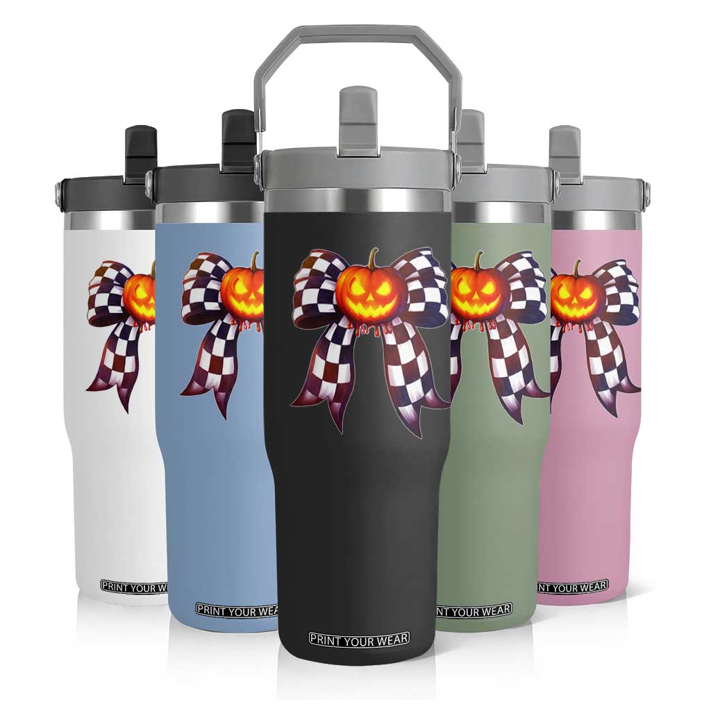 Race Car Halloween Flip Straw Tumbler Pumpkin Checkered Coquette Bow TS14 Print Your Wear