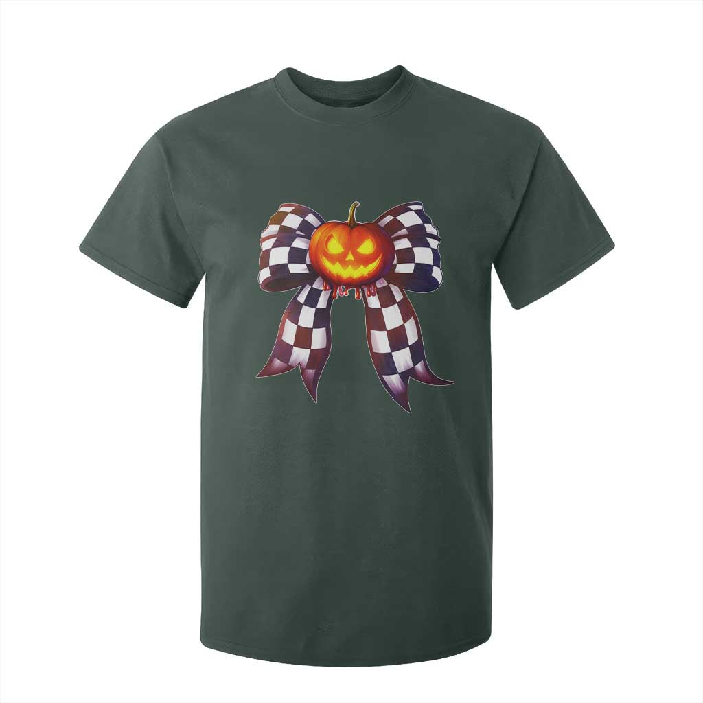 Race Car Halloween T Shirt For Kid Pumpkin Checkered Coquette Bow TS14 Dark Forest Green Print Your Wear