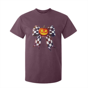 Race Car Halloween T Shirt For Kid Pumpkin Checkered Coquette Bow TS14 Maroon Print Your Wear