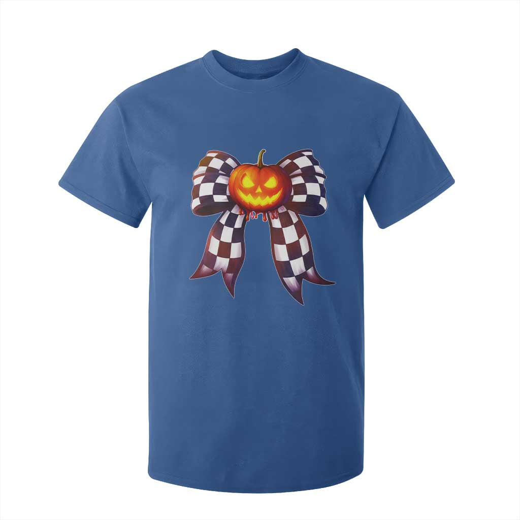 Race Car Halloween T Shirt For Kid Pumpkin Checkered Coquette Bow TS14 Royal Blue Print Your Wear