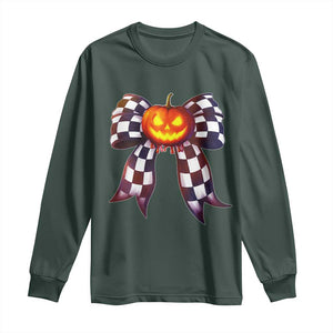 Race Car Halloween Long Sleeve Shirt Pumpkin Checkered Coquette Bow TS14 Dark Forest Green Print Your Wear