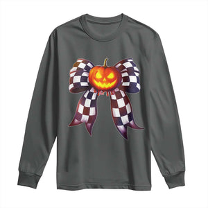 Race Car Halloween Long Sleeve Shirt Pumpkin Checkered Coquette Bow TS14 Dark Heather Print Your Wear