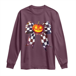 Race Car Halloween Long Sleeve Shirt Pumpkin Checkered Coquette Bow TS14 Maroon Print Your Wear