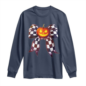 Race Car Halloween Long Sleeve Shirt Pumpkin Checkered Coquette Bow TS14 Navy Print Your Wear