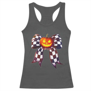 Race Car Halloween Racerback Tank Top Pumpkin Checkered Coquette Bow TS14 Dark Heather Print Your Wear