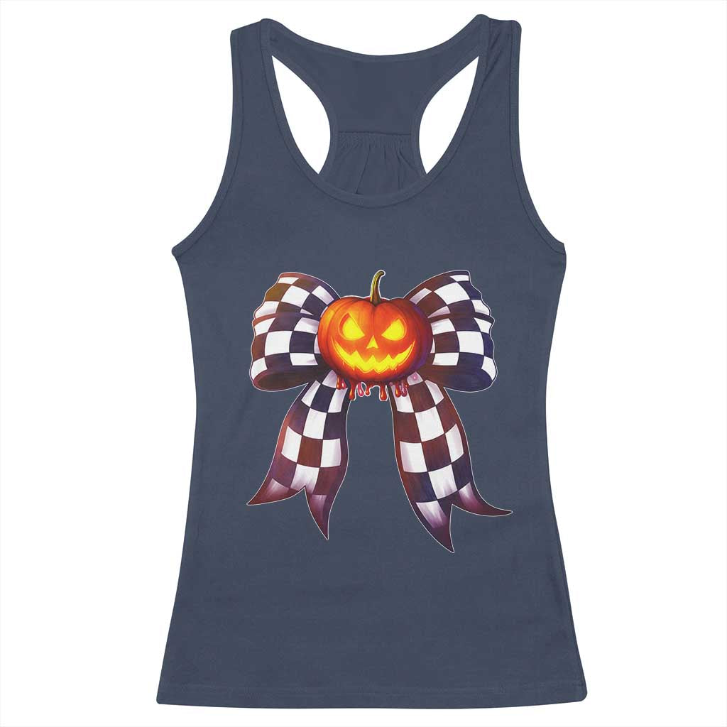 Race Car Halloween Racerback Tank Top Pumpkin Checkered Coquette Bow TS14 Navy Print Your Wear