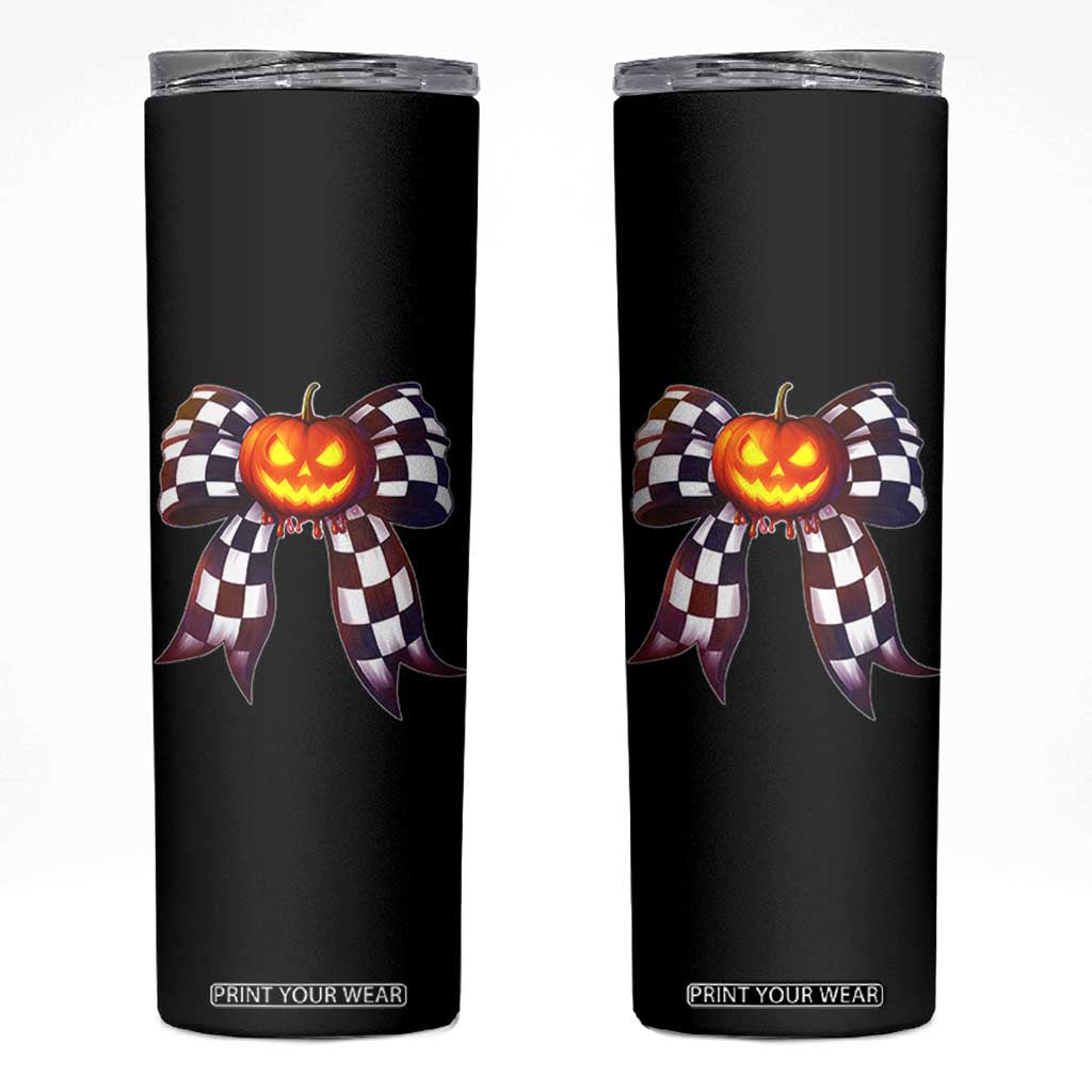 Race Car Halloween Skinny Tumbler Pumpkin Checkered Coquette Bow TS14 Black Print Your Wear