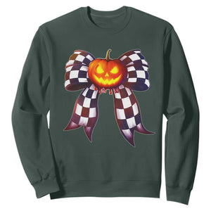 Race Car Halloween Sweatshirt Pumpkin Checkered Coquette Bow TS14 Dark Forest Green Print Your Wear