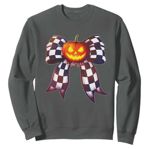 Race Car Halloween Sweatshirt Pumpkin Checkered Coquette Bow TS14 Dark Heather Print Your Wear