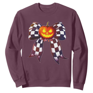 Race Car Halloween Sweatshirt Pumpkin Checkered Coquette Bow TS14 Maroon Print Your Wear