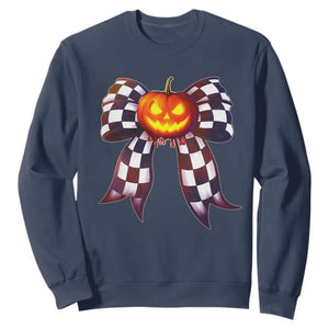 Race Car Halloween Sweatshirt Pumpkin Checkered Coquette Bow TS14 Navy Print Your Wear