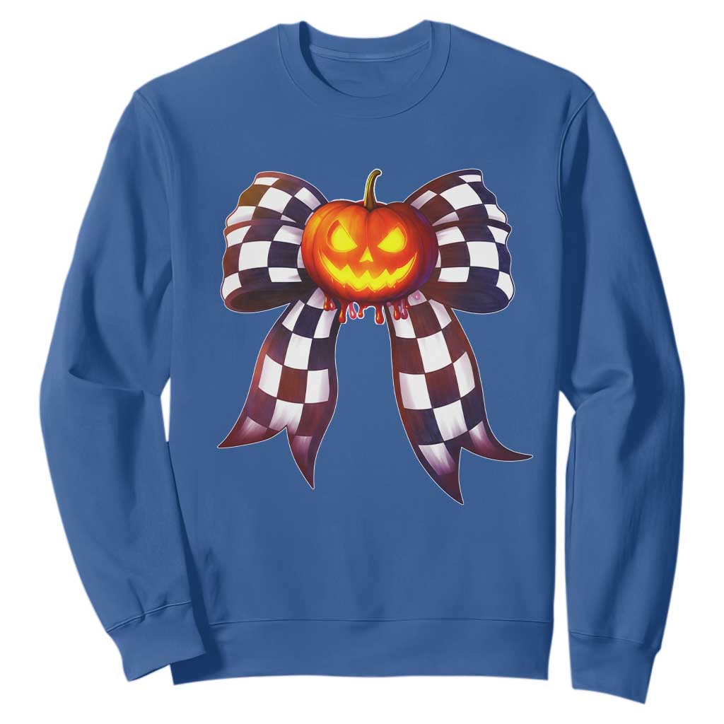 Race Car Halloween Sweatshirt Pumpkin Checkered Coquette Bow TS14 Royal Blue Print Your Wear