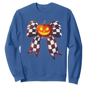 Race Car Halloween Sweatshirt Pumpkin Checkered Coquette Bow TS14 Royal Blue Print Your Wear