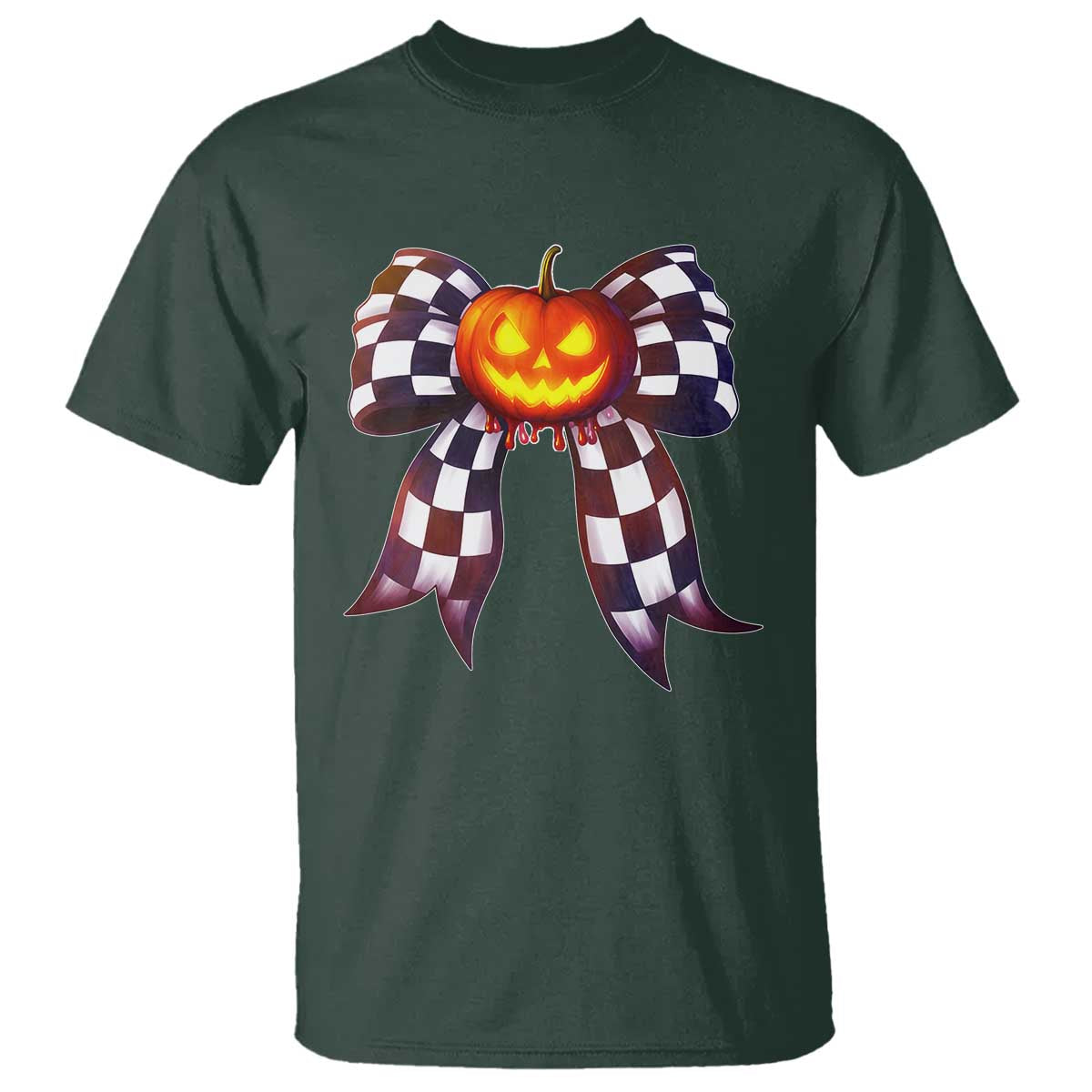 Race Car Halloween T Shirt Pumpkin Checkered Coquette Bow TS14 Dark Forest Green Print Your Wear