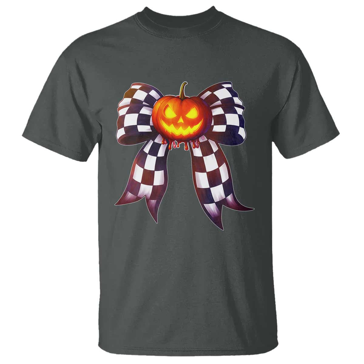 Race Car Halloween T Shirt Pumpkin Checkered Coquette Bow TS14 Dark Heather Print Your Wear