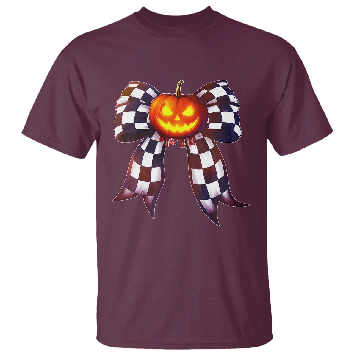 Race Car Halloween T Shirt Pumpkin Checkered Coquette Bow TS14 Maroon Print Your Wear