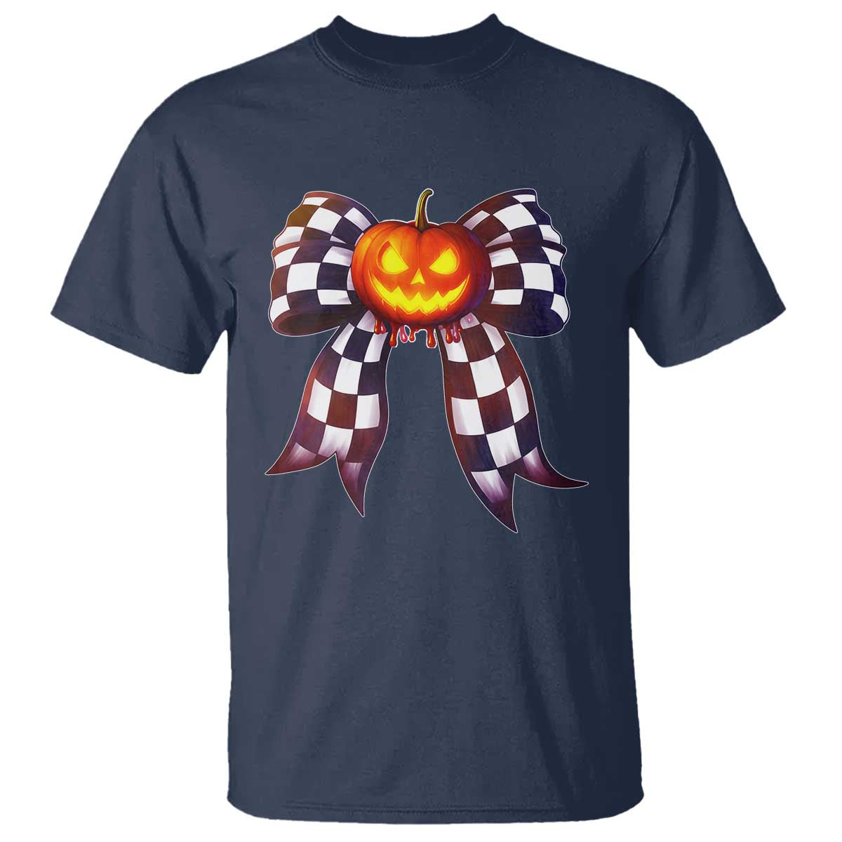 Race Car Halloween T Shirt Pumpkin Checkered Coquette Bow TS14 Navy Print Your Wear