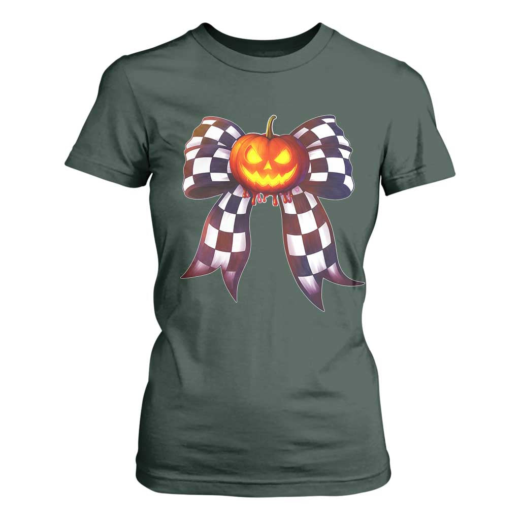 Race Car Halloween T Shirt For Women Pumpkin Checkered Coquette Bow TS14 Dark Forest Green Print Your Wear