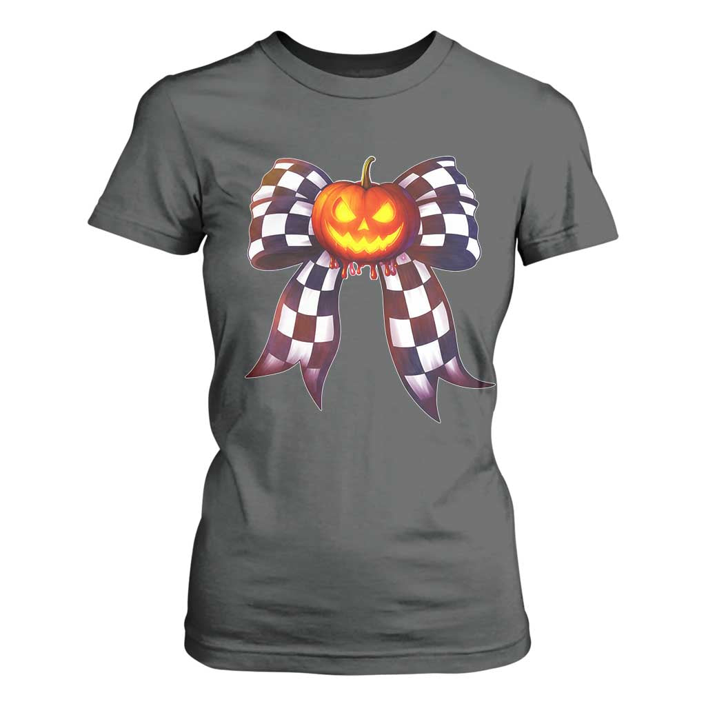 Race Car Halloween T Shirt For Women Pumpkin Checkered Coquette Bow TS14 Dark Heather Print Your Wear