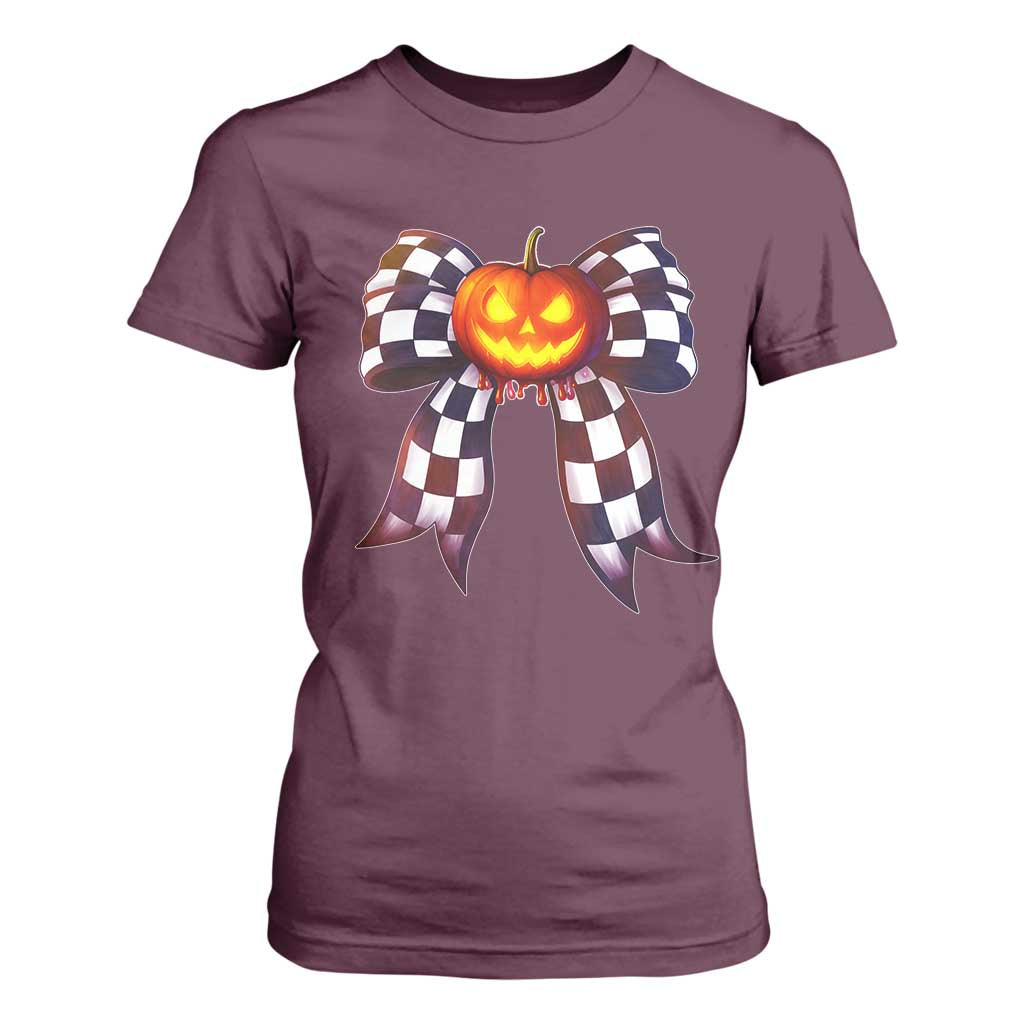 Race Car Halloween T Shirt For Women Pumpkin Checkered Coquette Bow TS14 Maroon Print Your Wear