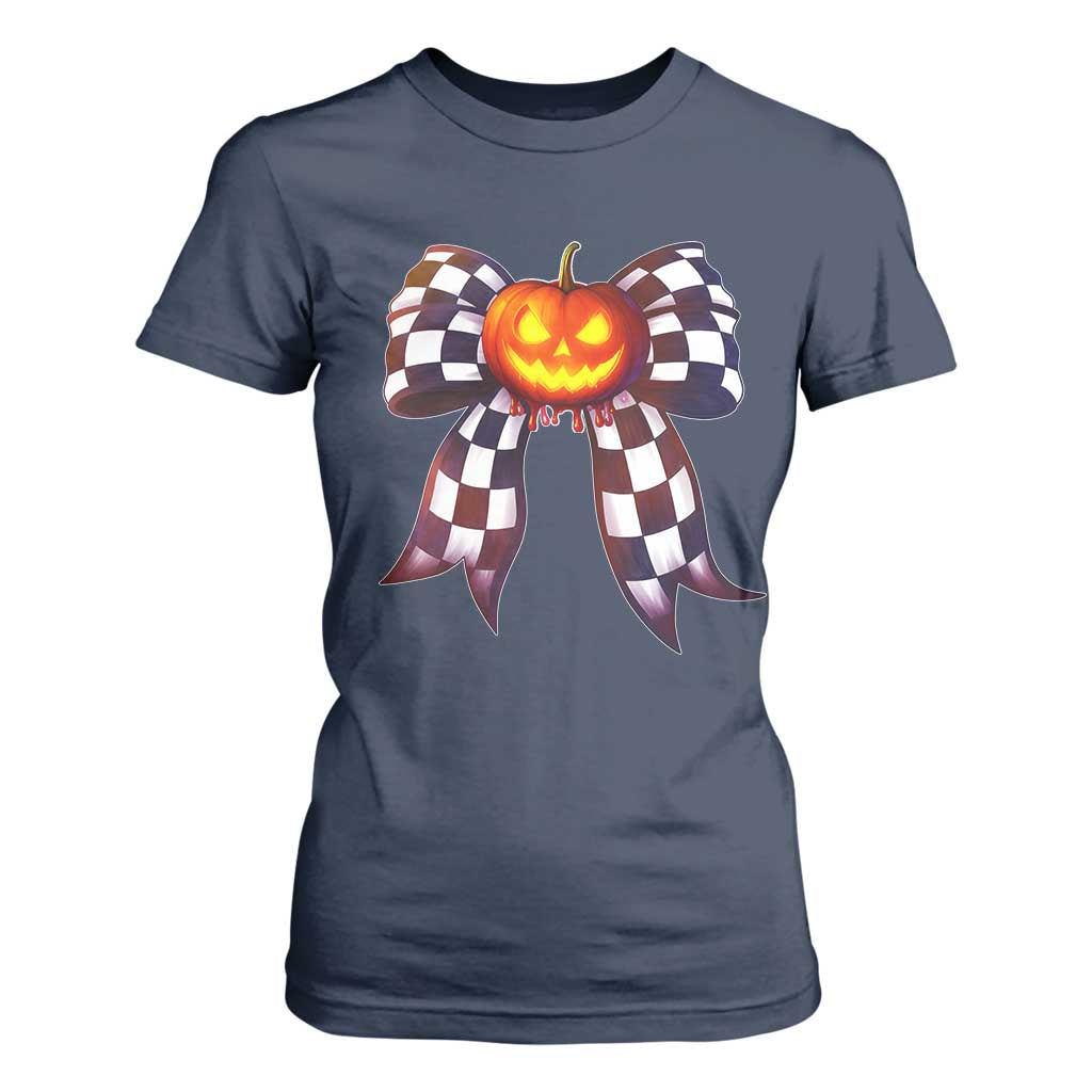 Race Car Halloween T Shirt For Women Pumpkin Checkered Coquette Bow TS14 Navy Print Your Wear