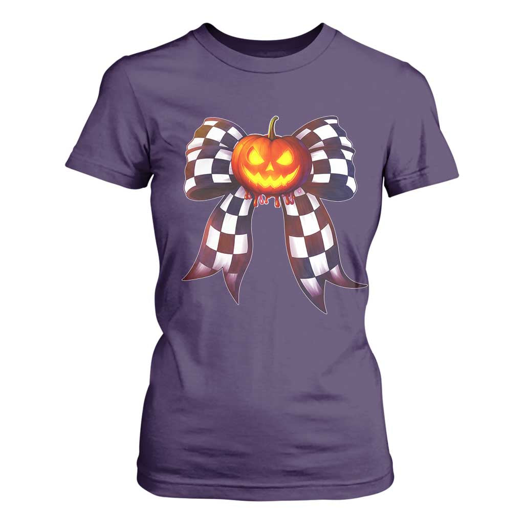 Race Car Halloween T Shirt For Women Pumpkin Checkered Coquette Bow TS14 Purple Print Your Wear
