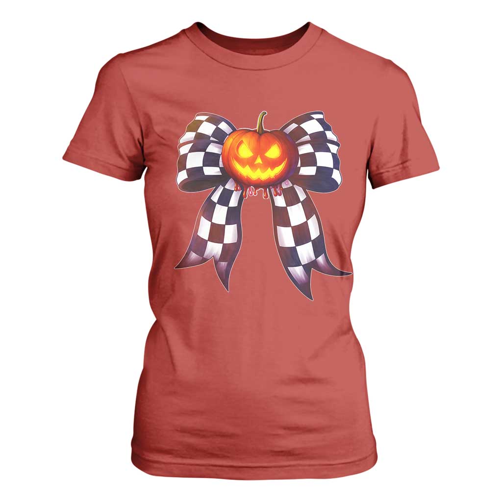 Race Car Halloween T Shirt For Women Pumpkin Checkered Coquette Bow TS14 Red Print Your Wear