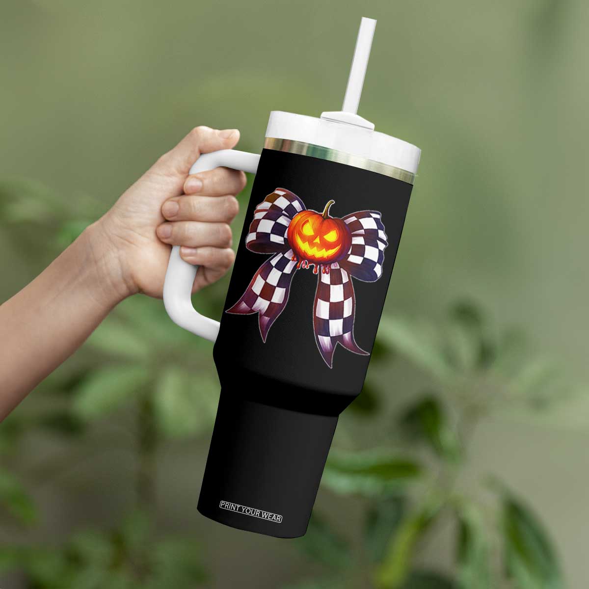 Race Car Halloween Tumbler With Handle Pumpkin Checkered Coquette Bow TS14 Print Your Wear