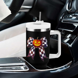 Race Car Halloween Tumbler With Handle Pumpkin Checkered Coquette Bow TS14 Print Your Wear
