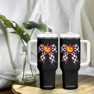 Race Car Halloween Tumbler With Handle Pumpkin Checkered Coquette Bow TS14 Print Your Wear