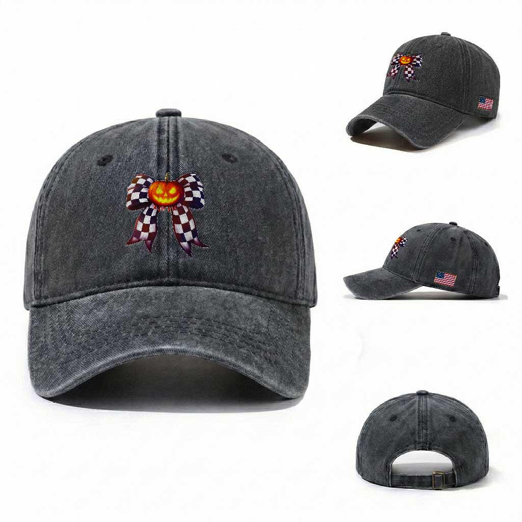 Race Car Halloween Washed Cotton Baseball Cap Pumpkin Checkered Coquette Bow TS14 Washed Cap Universal Fit Dark Gray Print Your Wear