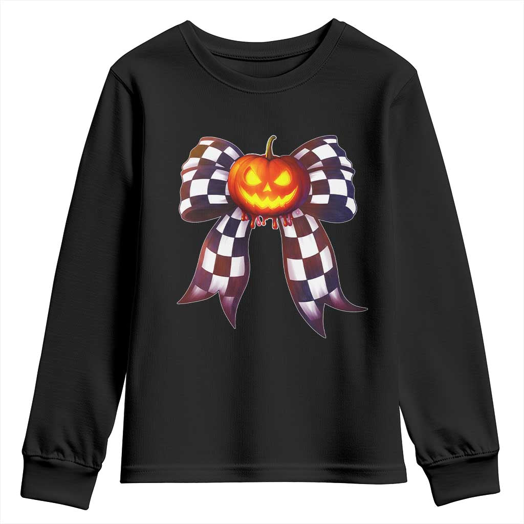 Race Car Halloween Youth Sweatshirt Pumpkin Checkered Coquette Bow TS14 Black Print Your Wear