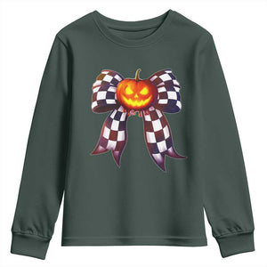 Race Car Halloween Youth Sweatshirt Pumpkin Checkered Coquette Bow TS14 Dark Forest Green Print Your Wear